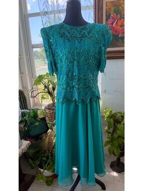 Vintage 80s Karen Miller Cocktail Dress Teal Green Sequin Chiffon Lace Sz 16